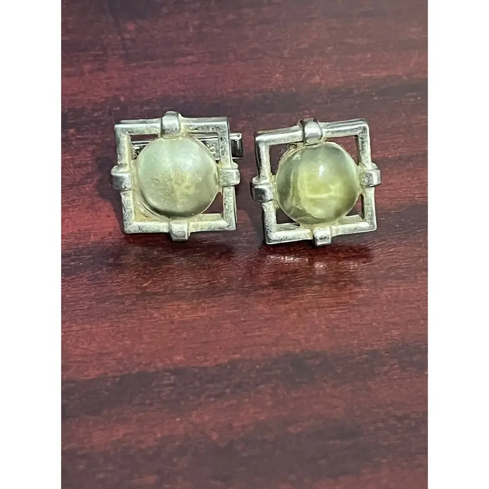 VTG MCM Brutalist Silver Tone Cufflinks Olive Gray Cabachon Whimsygoth Goth